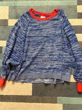 MaxMara Blue and White Marled Crewneck Sweater with Coral Trim